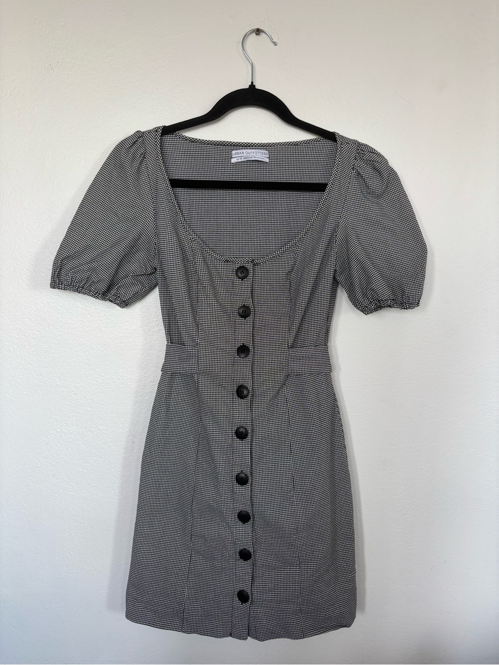Urban Outfitters Emily Houndstooth Button Up Puff Sleeve Mini Dress Soft Grunge